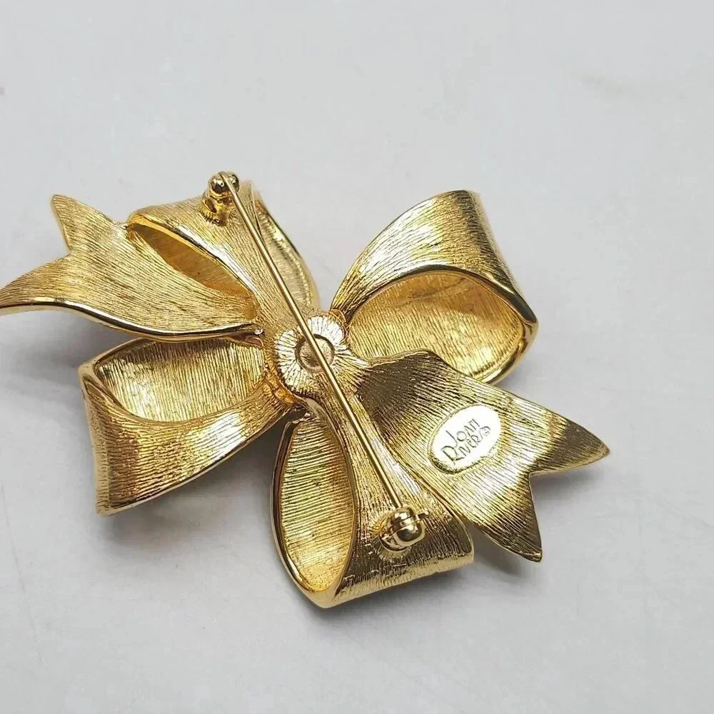Joan Rivers Purple Enamel Large Clear Rhinestone Gold Tone Bow Brooch Pin